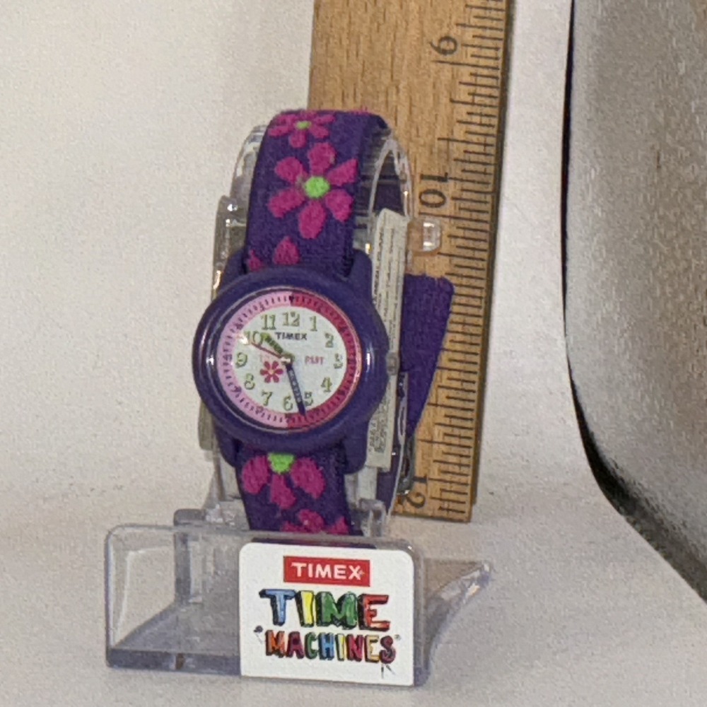 Timex Time Machine Kids Watch Purple Floral Elastic Fabric Easy Read Analog 29mm